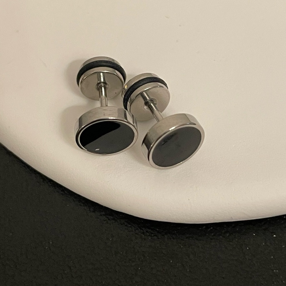 Silver & Black Flat Front & Backs- 316L Stainless Steel Earrings-Unisex - Picture 2 of 8